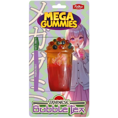 Front of Mega Gummies Japanese Bubble Tea package displaying vibrant graphic with tutti frutti flavour and 120g pack size
