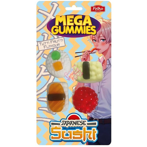 Front of Mega Gummies Japanese Sushi pack showing colourful gummies shaped like sushi with tutti frutti flavour label (120g pack)
