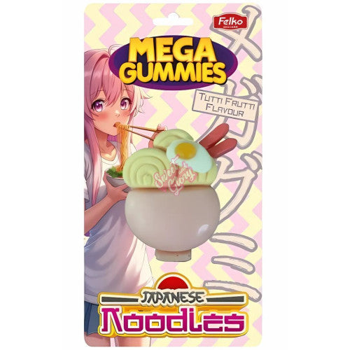 Front of Mega Gummies Japanese Noodles pack featuring tutti frutti flavour, showing gummy noodles in a bowl (120g pack)