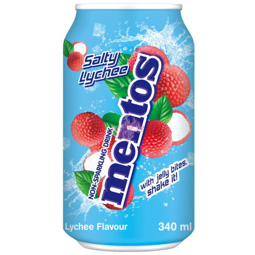 Front of Mentos Salty Lychee can showing fruity lychee design, blue background, and logo, in a 340ml packaging