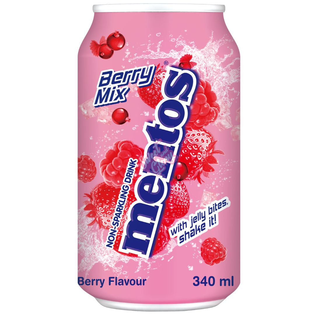 Front of Mentos Soda Berry Mix can showing bright pink colour, berry flavour label, and jelly bites graphic (340ml pack)