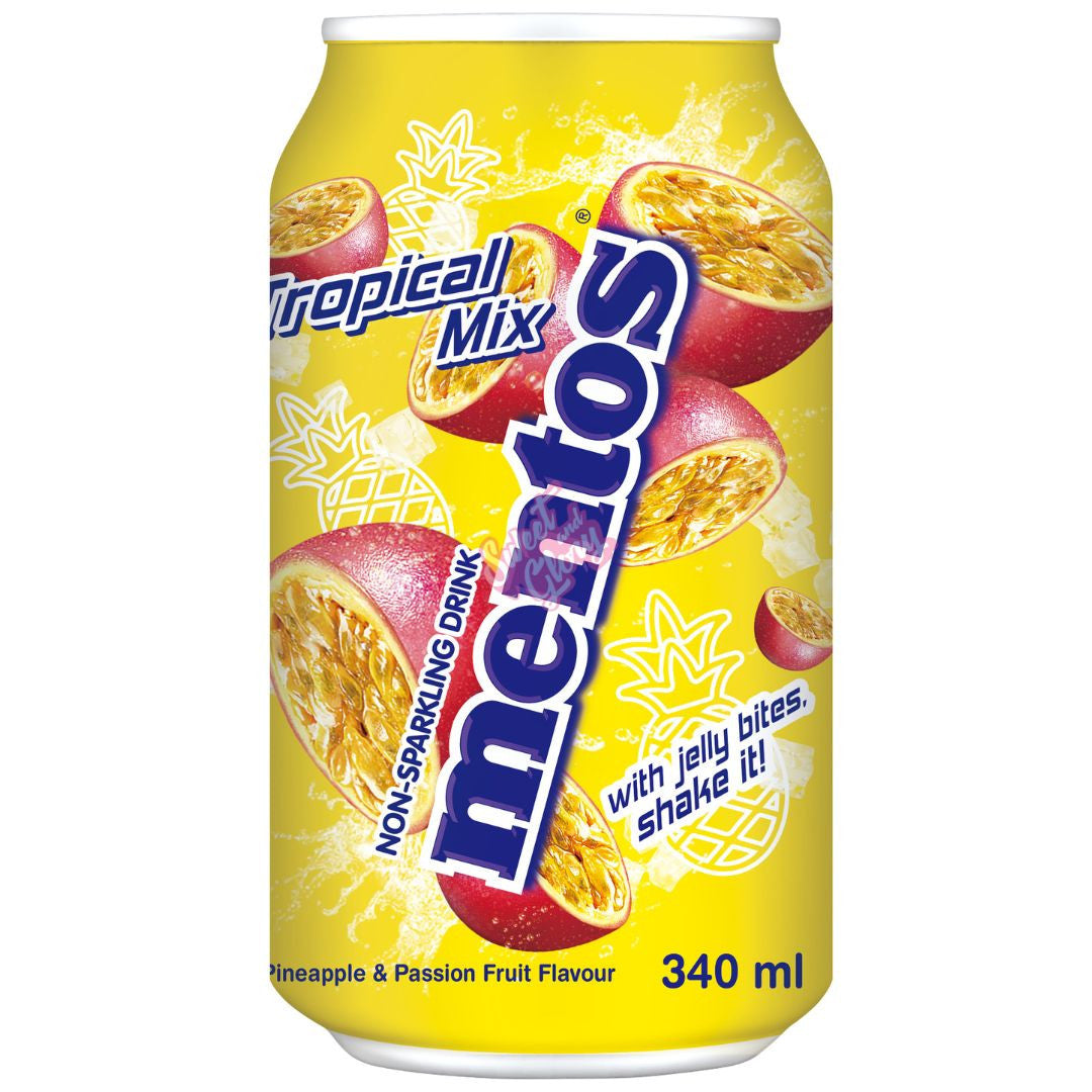 Front of Mentos Soda Tropical Mix can showing bright yellow design, pineapple and passion fruit illustrations, with 340ml volume detail.