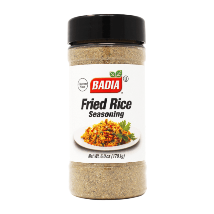 Front of Badia Fried Rice Seasoning jar showing brand logo, seasoning name, and image of seasoned rice (170.1g)