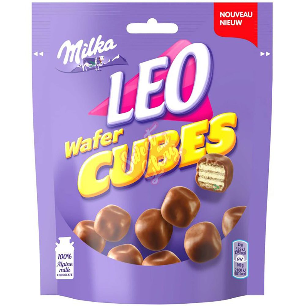 Front of Milka Leo Wafer Cubes bag showing purple packaging, logo, and chocolate-covered wafer cubes (150g pack)