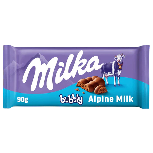 Front of Milka Bubbly chocolate bar showing the logo, alpine milk flavour and 90g weight with an image of chocolate bubbles.