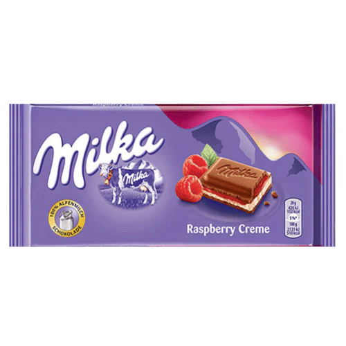 Front of Milka Raspberry Creme wrapper featuring purple design, logo, raspberry imagery, and 100g pack size