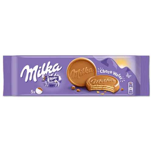 Front of Milka Choco Wafer pack featuring the Milka logo, chocolate wafer image, and details, 150g pack