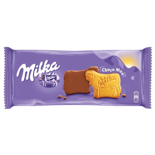 Front of Milka Chocomoo pack featuring purple branding, creamy milk chocolate bar, and chocolate cow shape (120g pack)