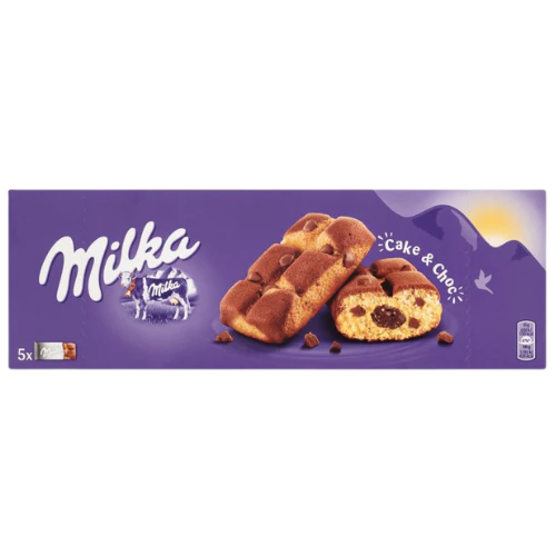 Front of Milka Cake & Choc pack featuring the Milka logo and an image of soft cake with chocolate pieces (175g pack)