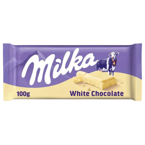 Front of Milka White chocolate bar showing purple logo, cow image, and 100g label