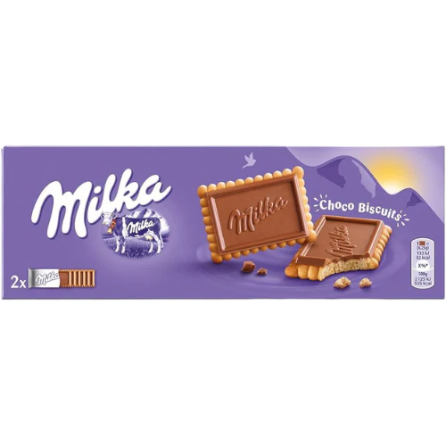 Front of Milka Choco Biscuits pack showing the Milka logo, chocolate-filled biscuits, and 150g size.