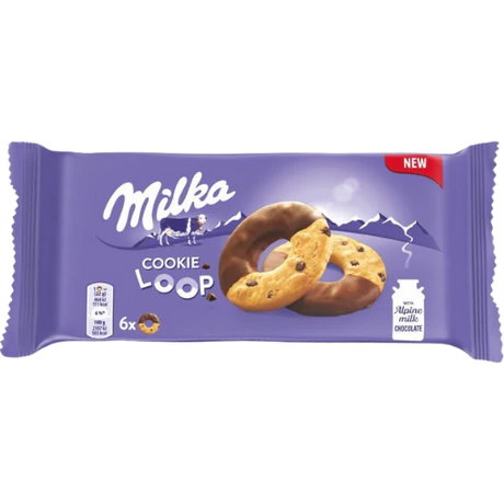 Front of Milka Cookie Loop pack showing the brand logo, cookies with chocolate coating, and pack size of 132g