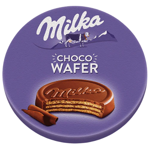 Front of Milka Choco Wafer packaging featuring the Milka logo, image of a chocolate-coated wafer, and 30g pack size.