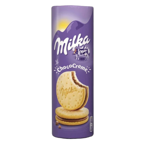 Front of Milka Choco Creme packaging showcasing the logo, biscuit design, and creamy chocolate filling (260g pack)