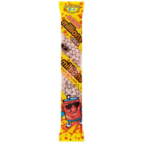 Front of Millions Tubes Cola packaging showing bright design with cola flavour graphics and characters (55g pack)