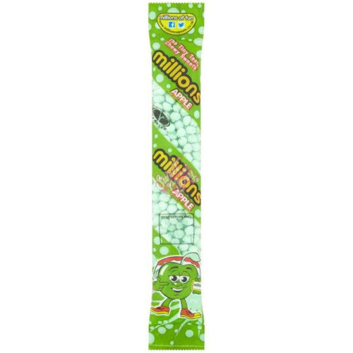 Front of Millions Tubes Apple with bright green packaging, featuring a cheerful character, and displaying fun apple-shaped sweets (55g tube)