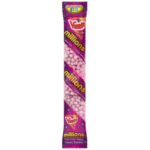 Front of Millions Tubes Vimto showing vibrant purple packaging, Vimto logo, and tiny chewy sweets (55g pack)