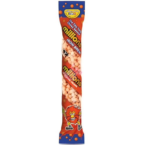 Front of Millions Tubes Iron Brew showing vibrant orange and blue packaging, featuring small chewy candies and the product title (55g)