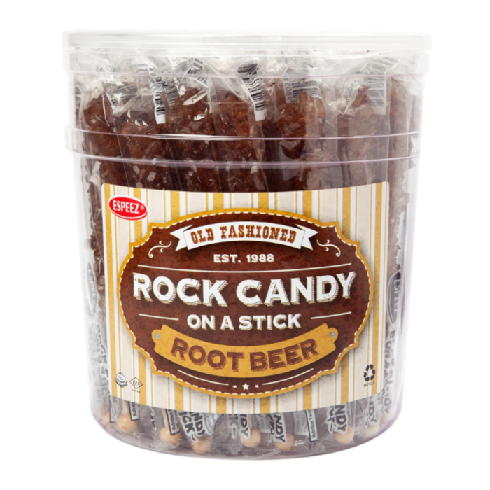 Front of Espeez Rock Candy on a Stick Root Beer tub showing logo, candy sticks, and 23g size.