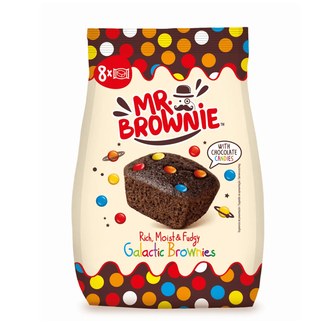 Front of Mr. Brownie Galactic Brownie packet showing the logo, rich moist brownie image with chocolate candies, and '200g' pack size.
