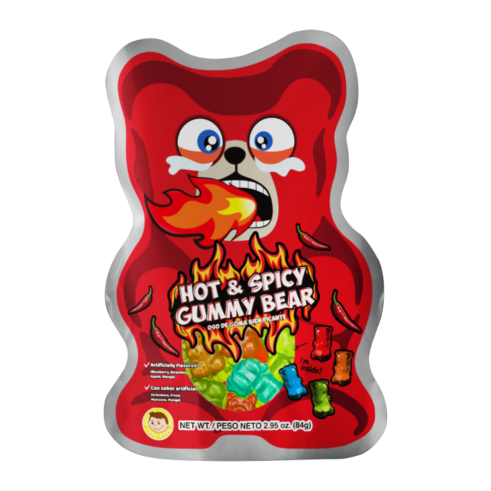 Front of Pocas Hot & Spicy Gummy Bear packaging featuring a playful bear design, bold red and yellow flames, and 84g pack size.