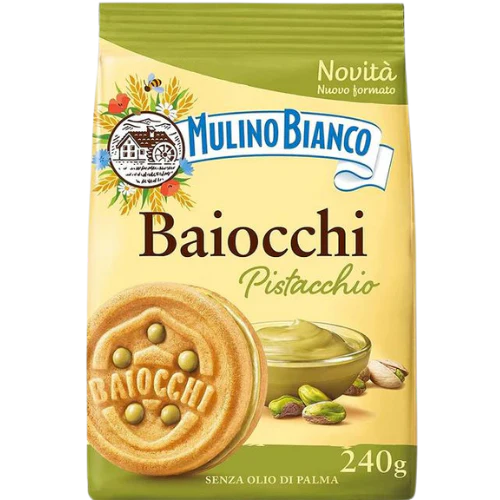Front of Mulino Bianco Baiocchi Pistacchio pack showing logo, pistachio-flavoured cookie details, and 240g pack size.