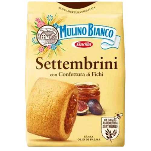 Front of Mulino Bianco Settembrini Frollini package showing logo, fig jam-filled biscuit, and 300g label.