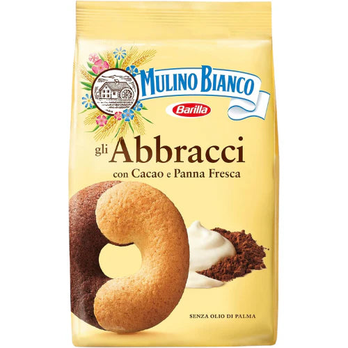 Front of Mulino Bianco Abbracci bag showing logo, chocolate and cream cookie design, and pack size of 350g.