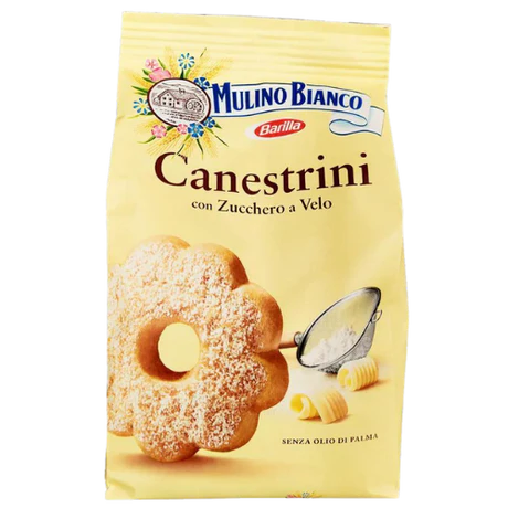 Front of Mulino Bianco Canestrini pack showing flower-shaped biscuit design, brand logo, and icing sugar details (200g pack)