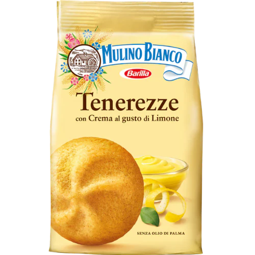 Front of Mulino Bianco Tenerezze Limone bag showing logo, lemon cream-filled pastries, and pack size (200g)