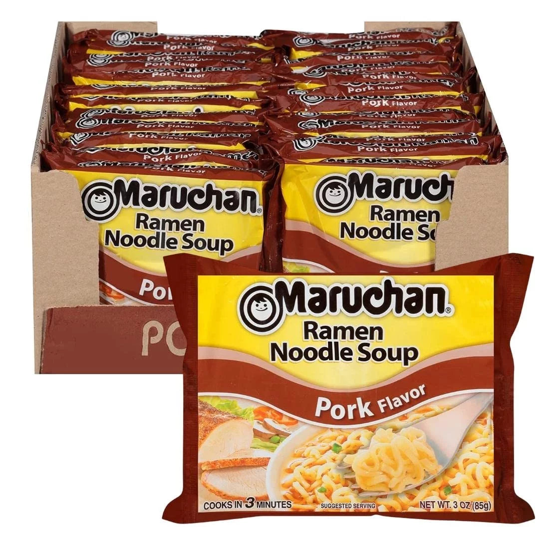 Front of Maruchan Pork Flavour Ramen Noodles (85g) package with logo, noodle soup image, and vibrant pork flavour label.