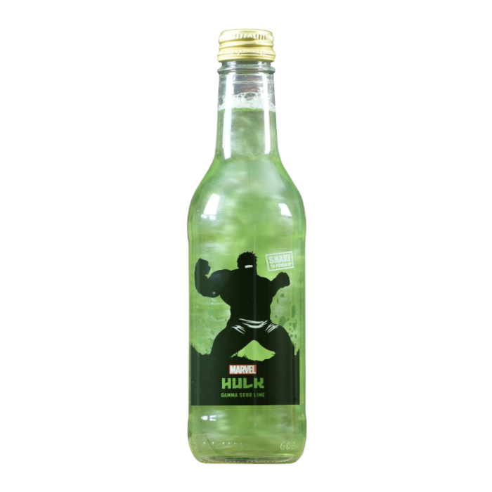 Front of Marvel Hulk Gamma Sour Lime bottle featuring a vibrant green label with the Hulk graphic and flavour details (330ml pack)