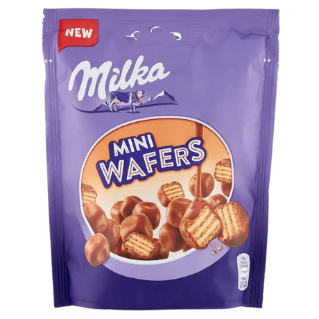 Front of Milka Mini Wafers pack showing purple packaging with logo and delicious chocolate-coated wafer imagery (110g pack)