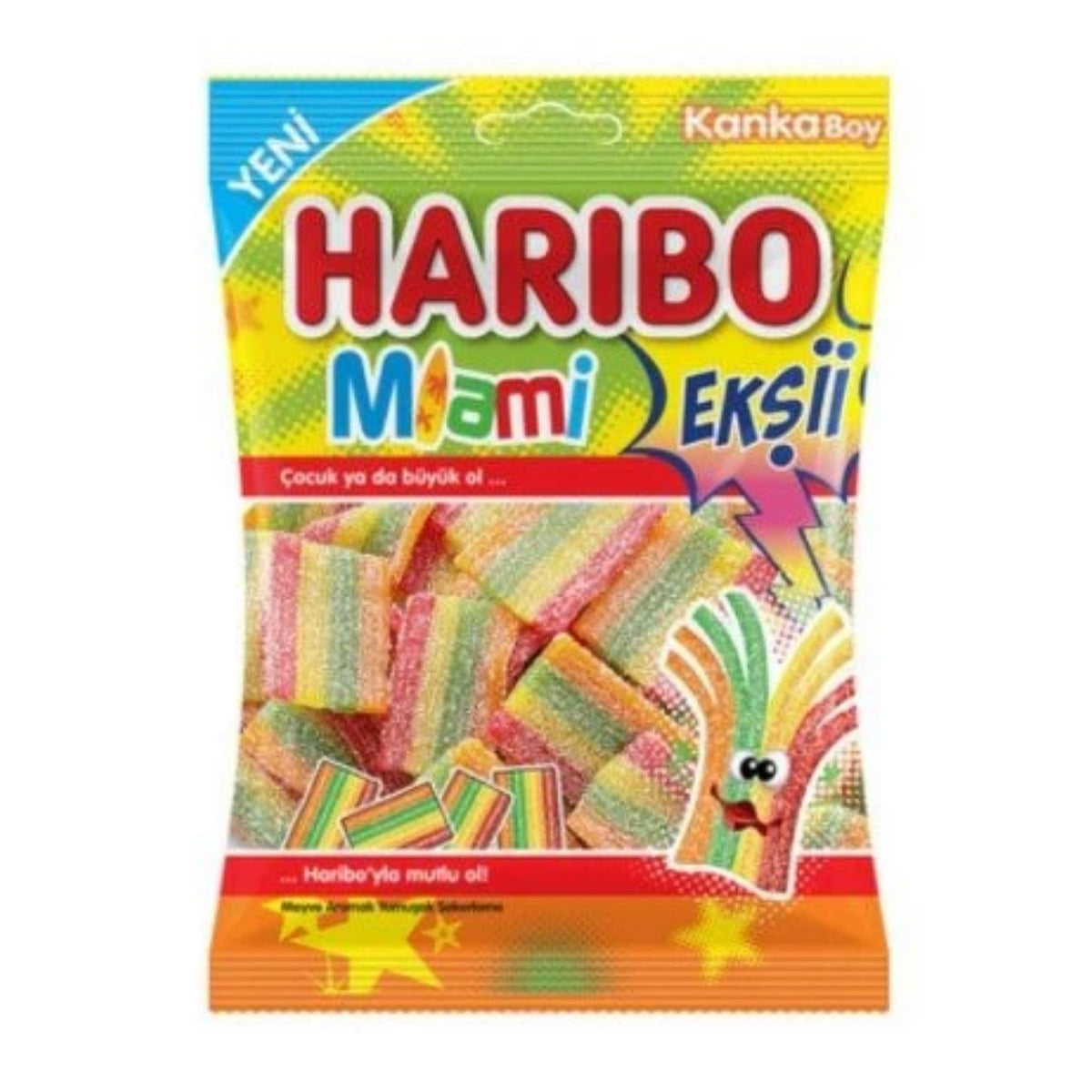 Front of a bright bag of Haribo Halal Miami Belts showing colourful fruit flavoured chewy belts, 70g pack size