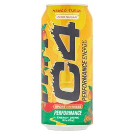Front of C4 Zero Sugar Mango Fuego Energy Drink can with yellow background, bold logo, mango flavour details, and 473ml pack size