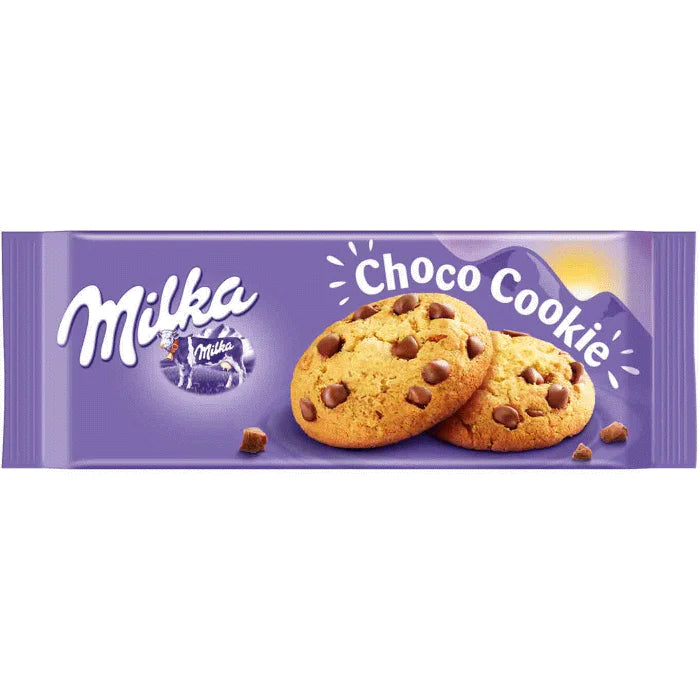 Front of Milka Choco Cookies packaging showing purple design, logo, and two chocolate chip cookies (135g pack)