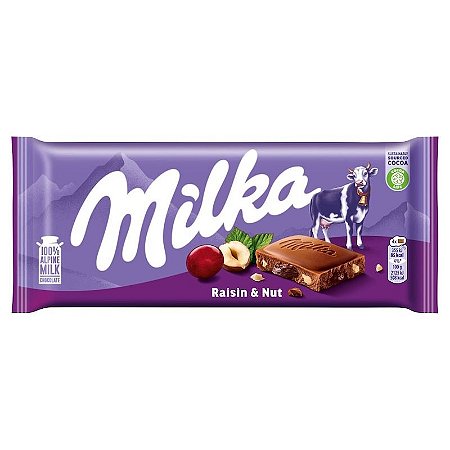 Front of Milka Fruit & Nut chocolate bar showing purple packaging, logo, and images of fruits and nuts (90g pack)
