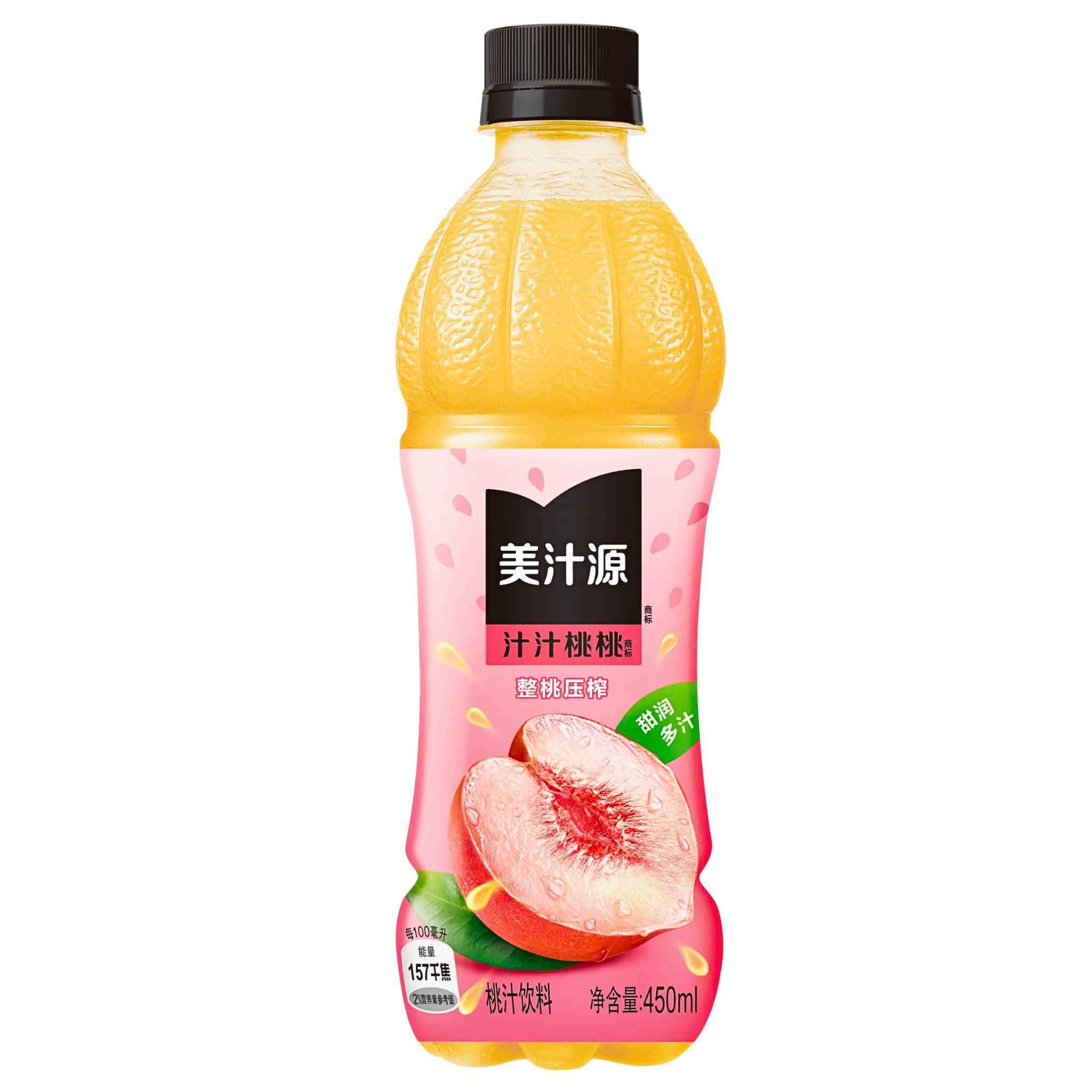 Front of Minute Maid Peach Flavour China bottle featuring a bright label with peach imagery and the product title, 450ml pack size
