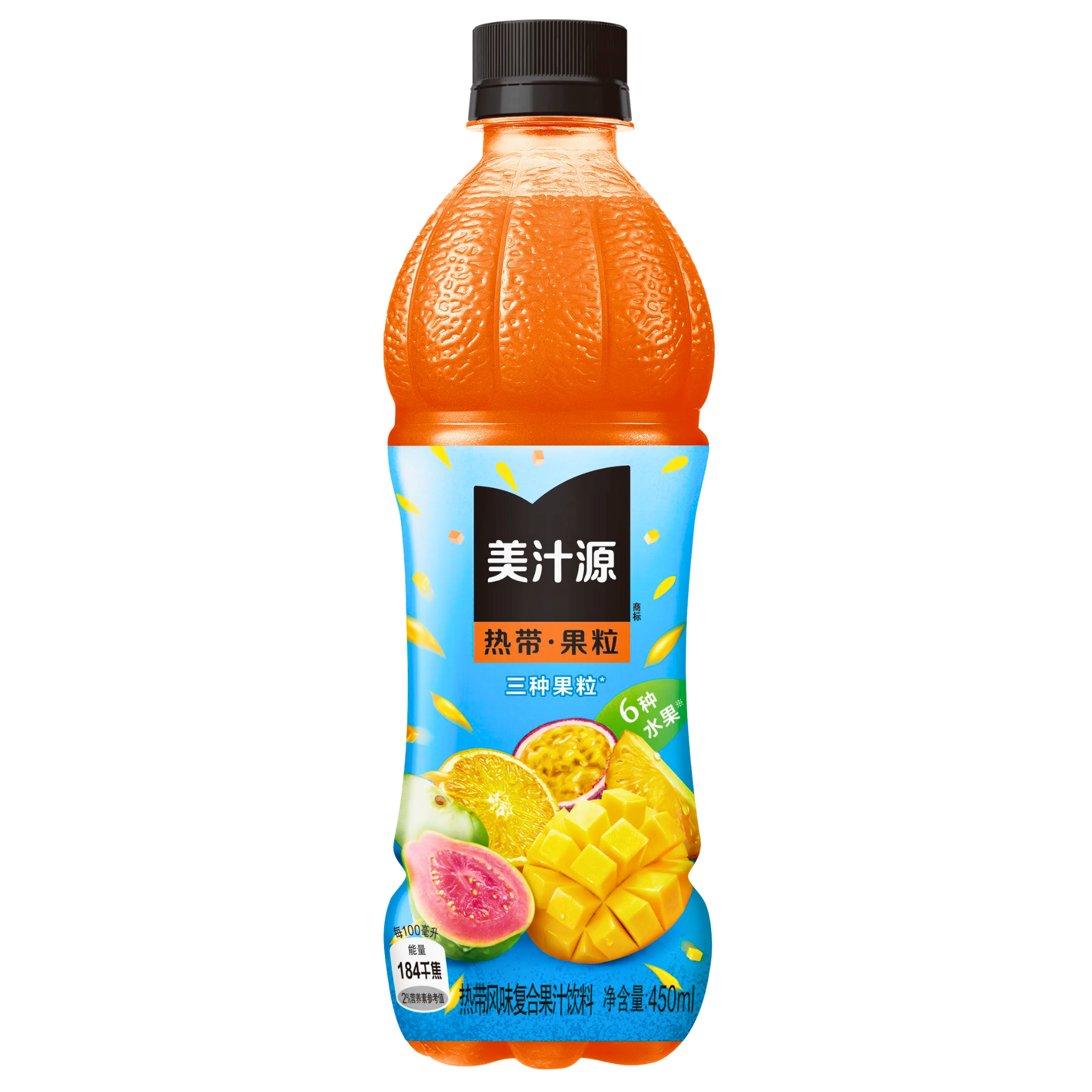 Front of Minute Maid Tropical Flavour bottle showing a vibrant label with various tropical fruits and details, 450ml pack size