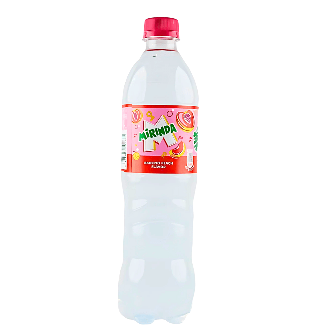 Front of Mirinda Baifeng Peach bottle showing vibrant peach flavour label and 500ml pack size.