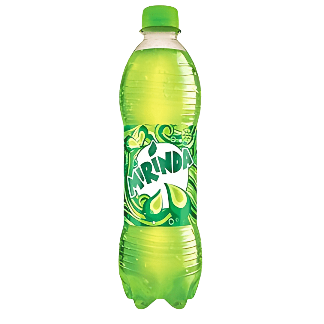Front of Mirinda Green Apple Flavour bottle showing bright green label with logo and vibrant design (500ml)