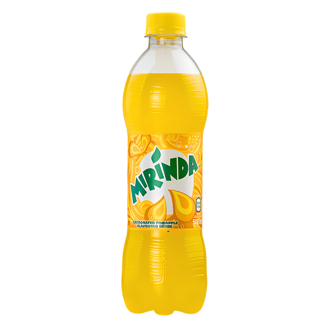 Front of Mirinda Pineapple Flavour 500ml bottle showing bright yellow drink label with logo and pineapple graphics.