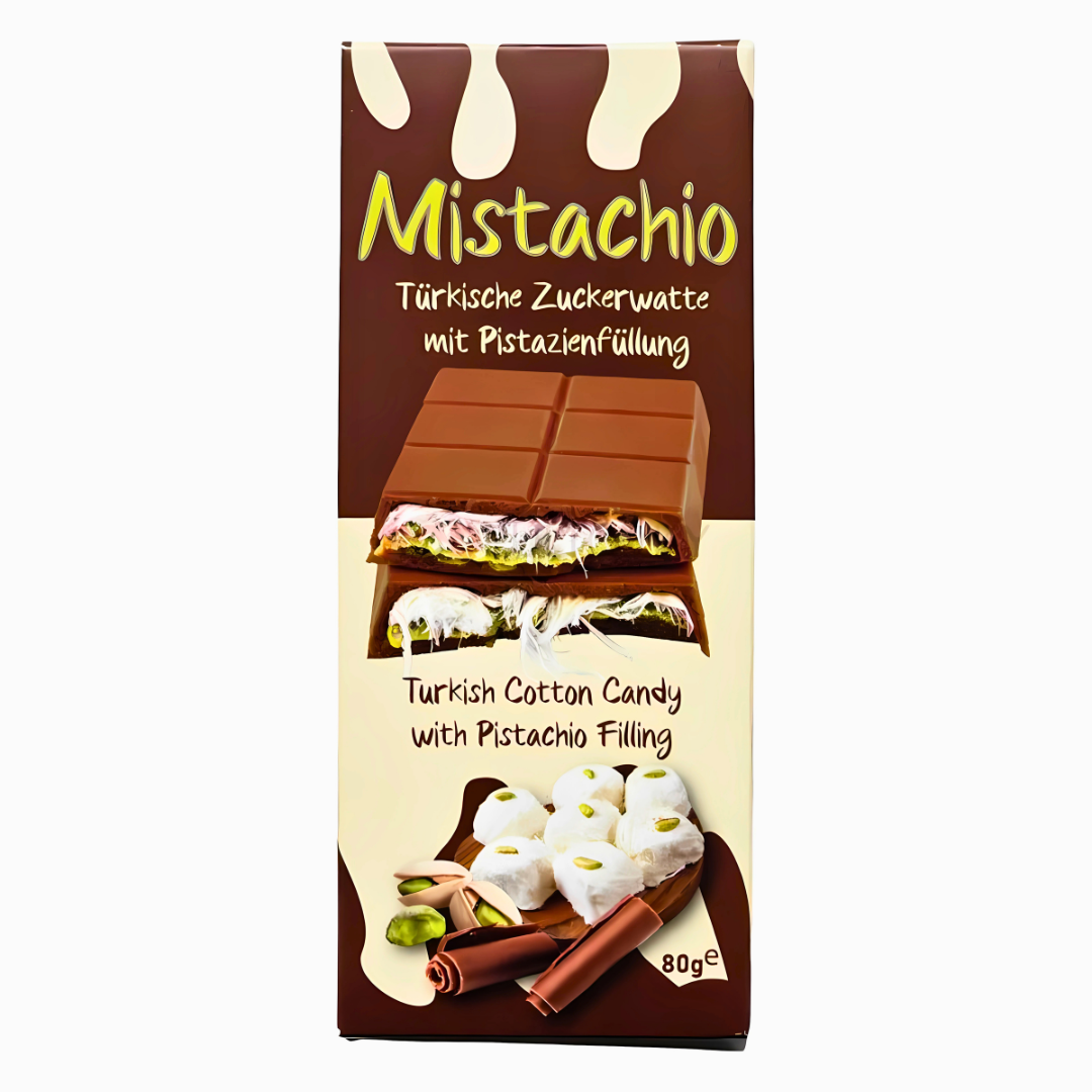 Front of Mistachio Angel Cotton Candy with Chocolate Pistachio packaging showing the product name, flavour, and 80g size.