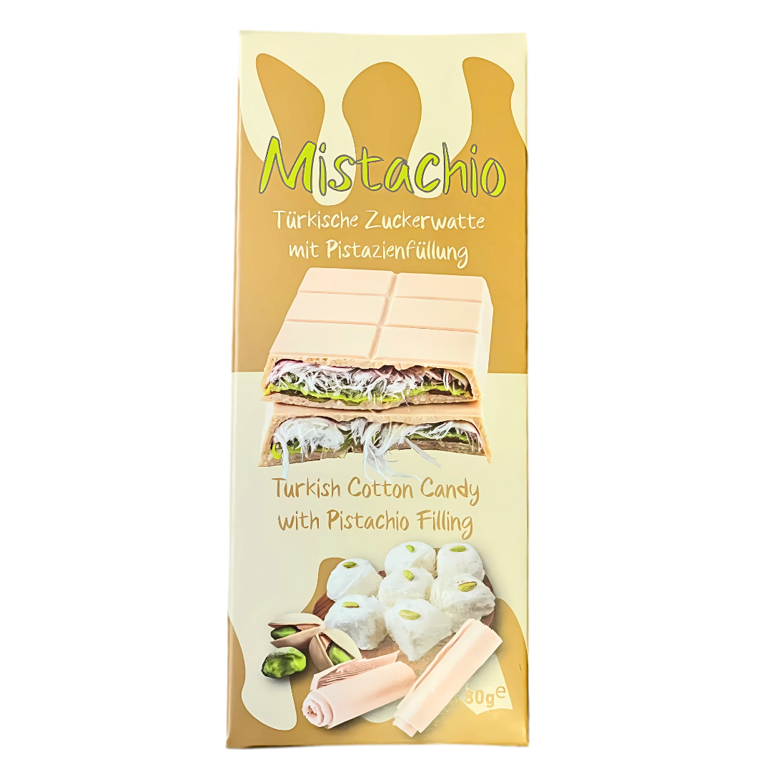 Front of Mistachio Angel Cotton Candy with White Chocolate Pistachio label showing product name, flavour details and pack size (80g)
