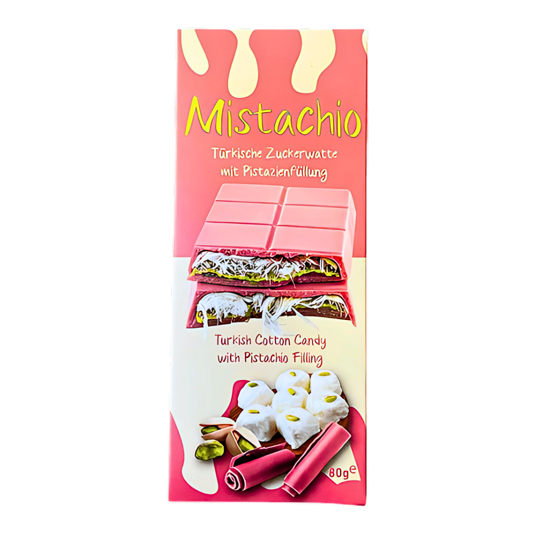 Front of Mistachio Angel Cotton Candy pack showing bright pink packaging, logo, and image of pink chocolate pistachio cotton candy (80g)