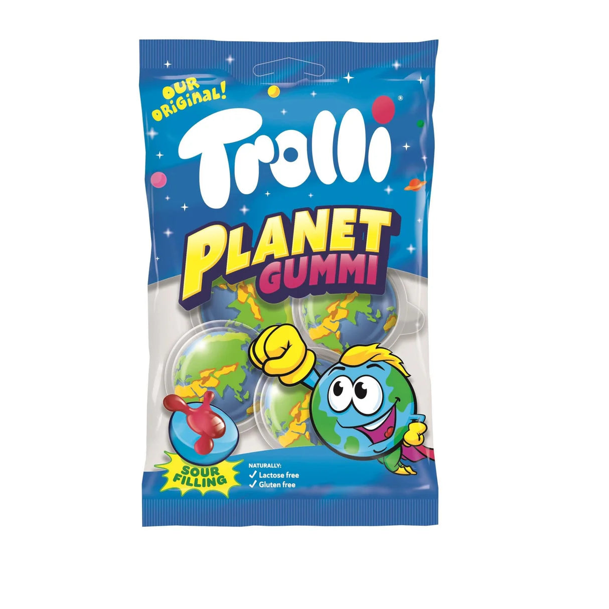 Front of a blue bag of Trolli Planet Gummis featuring a logo and colourful planet-shaped gummy candies (75g)
