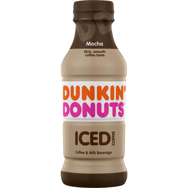 Front of Dunkin Donuts Mocha Iced Coffee bottle showing logo, mocha flavour label, and 405ml pack size.
