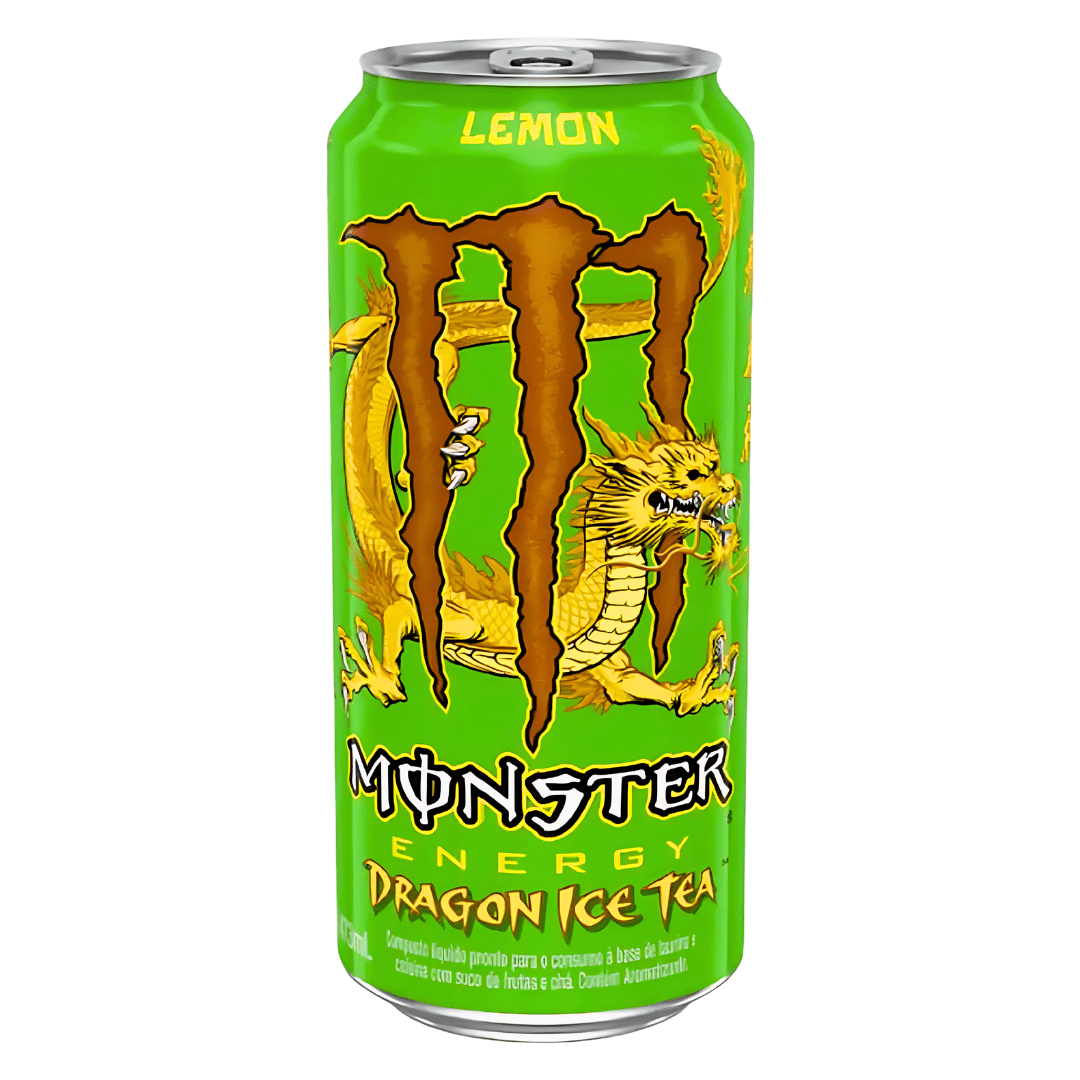 Front of Monster Energy Drink Dragon Iced Tea Limited Edition Lemon Flavour can showing vibrant green design, dragon artwork, and 473ml size label.
