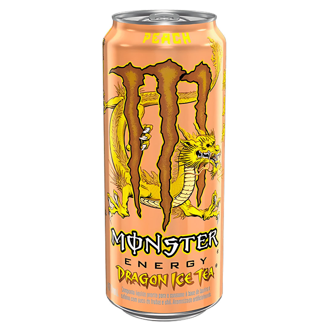 Front of a can of Monster Energy Drink Dragon Iced Tea Limited Edition Peach Flavour (473ml) featuring a vibrant peach design and dragon graphics.