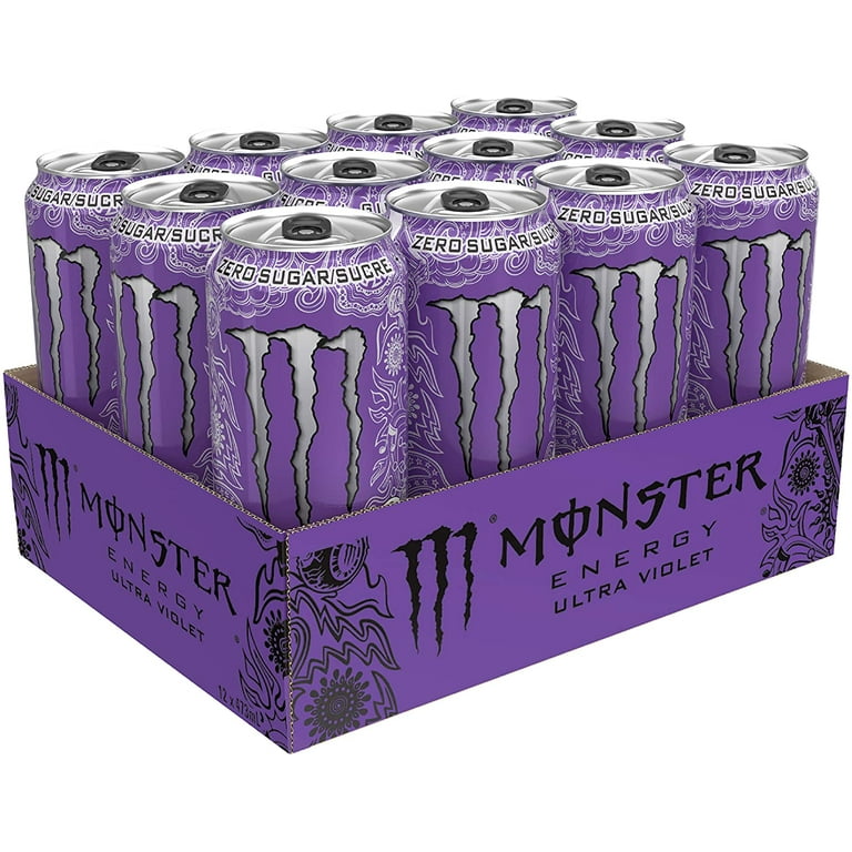 Front of Monster Ultra Zero Violet energy drink can showing vibrant purple design, logo and details about zero sugar (473ml, 12 pack)